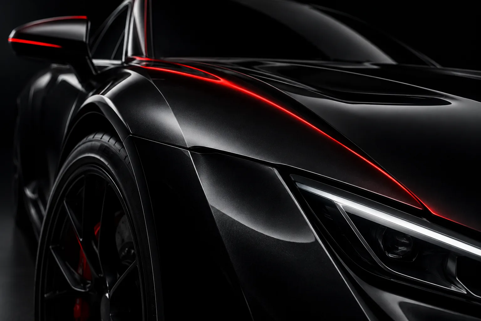 Gloss-black Corvette finish study with red studio lighting
